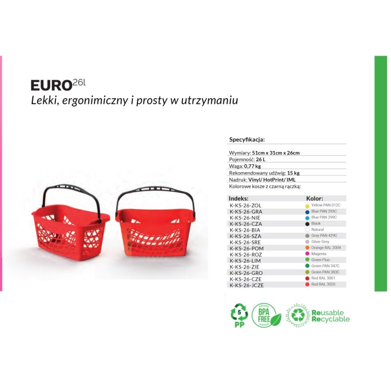 EURO BASKET koszyk sklepowy 26L różowy