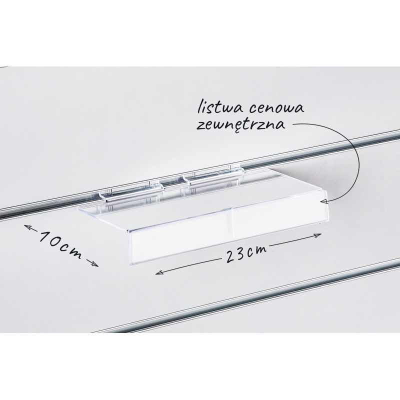 Półka Slatwall 23x10cm pozioma z listwą zewnętrzną Półka Slatwall 23x10cm pozioma z listwą zewnętrzną