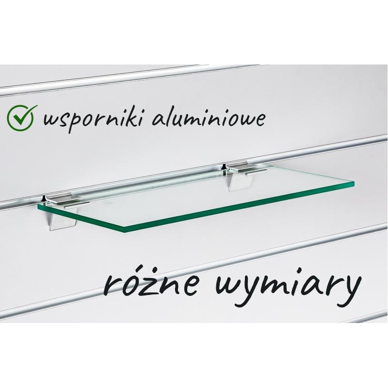 Półka sklepowa szklana Slatwall, wsporniki alu. Półka sklepowa szklana Slatwall, wsporniki alu.